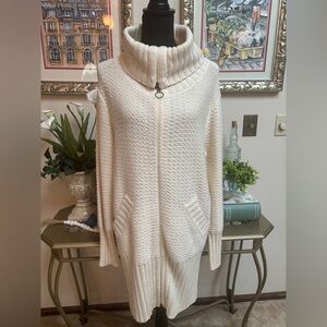 Moda International Cream Cowl Neck Long Cardigan Knit Zip Sweater Coat Sz M-L